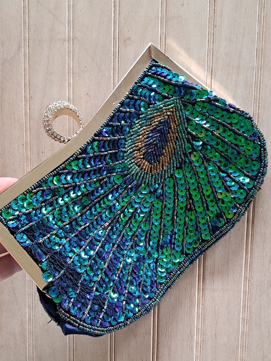 MyGift Handbags - Peacock Sequin Clutch Evening Bag Rhinestone Ring Handle Glam Statement